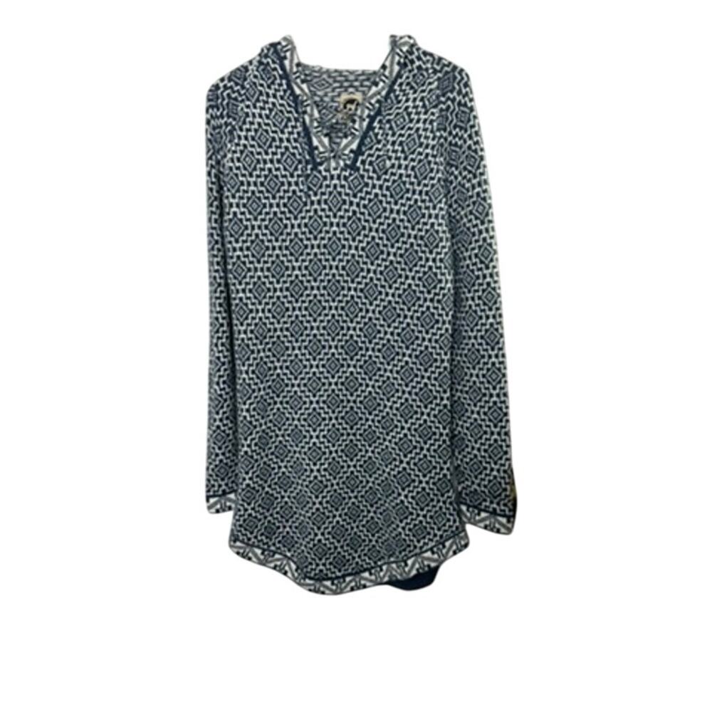 Artesania Geometric Blue & White Peruvian Alpaca Hooded Sweater Dress Sz Large